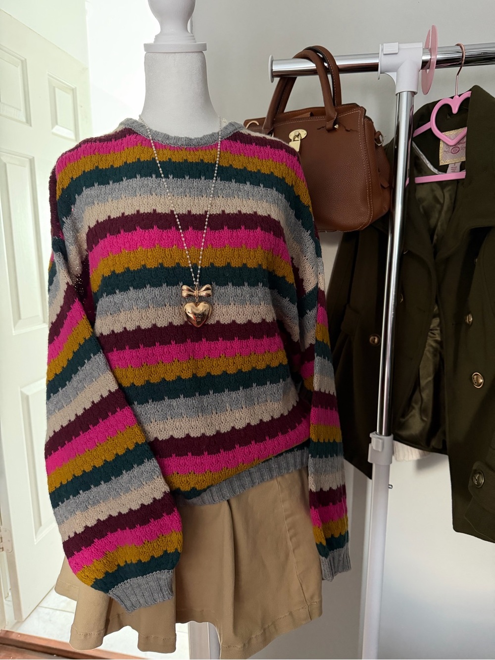 Blu Pepper Striped Crewneck Sweater in Fuchsia, Mustard & Teal